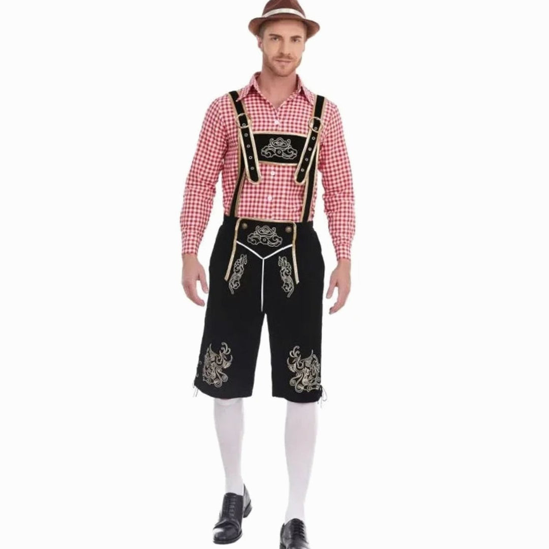 Herren Oktoberfest Trachten-Set Lederhosen-Stil Kniebundhose Karohemd - Schwarz Kariert (Rot/Weiß Hemd)