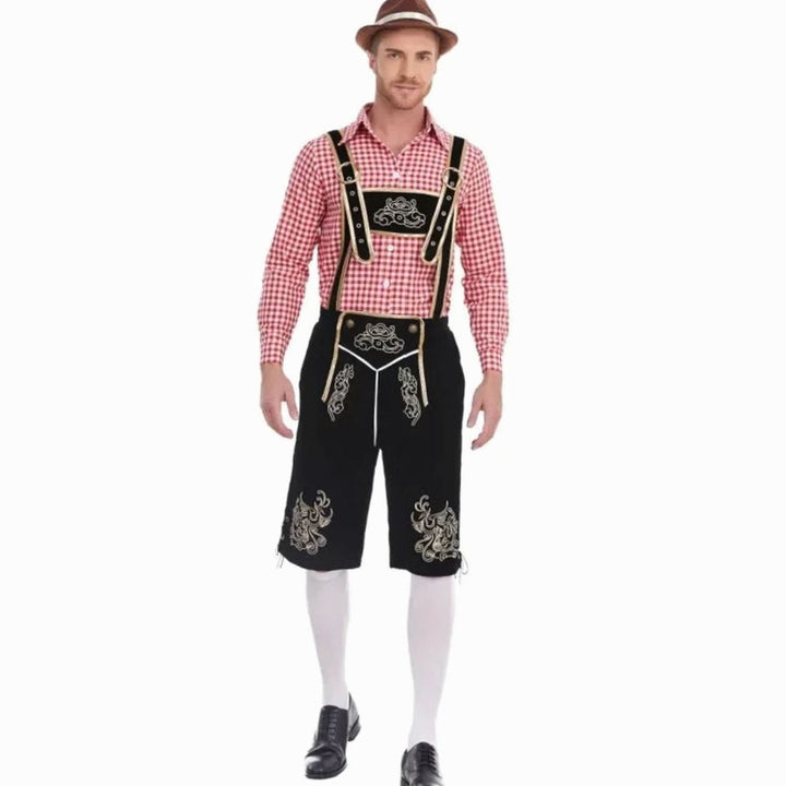 Herren Oktoberfest Trachten-Set Lederhosen-Stil Kniebundhose Karohemd - Schwarz Kariert (Rot/Weiß Hemd)