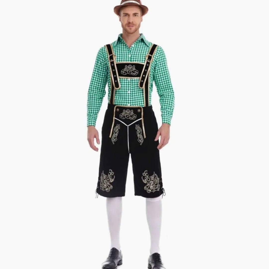 Herren Oktoberfest Trachten-Set Lederhosen-Stil Kniebundhose Karohemd - Schwarz Kariert (Grün/Weiß Hemd)