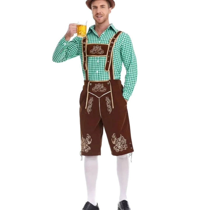 Herren Oktoberfest Trachten-Set Lederhosen-Stil Kniebundhose Karohemd - Braun Kariert (Grün/Weiß Hemd)