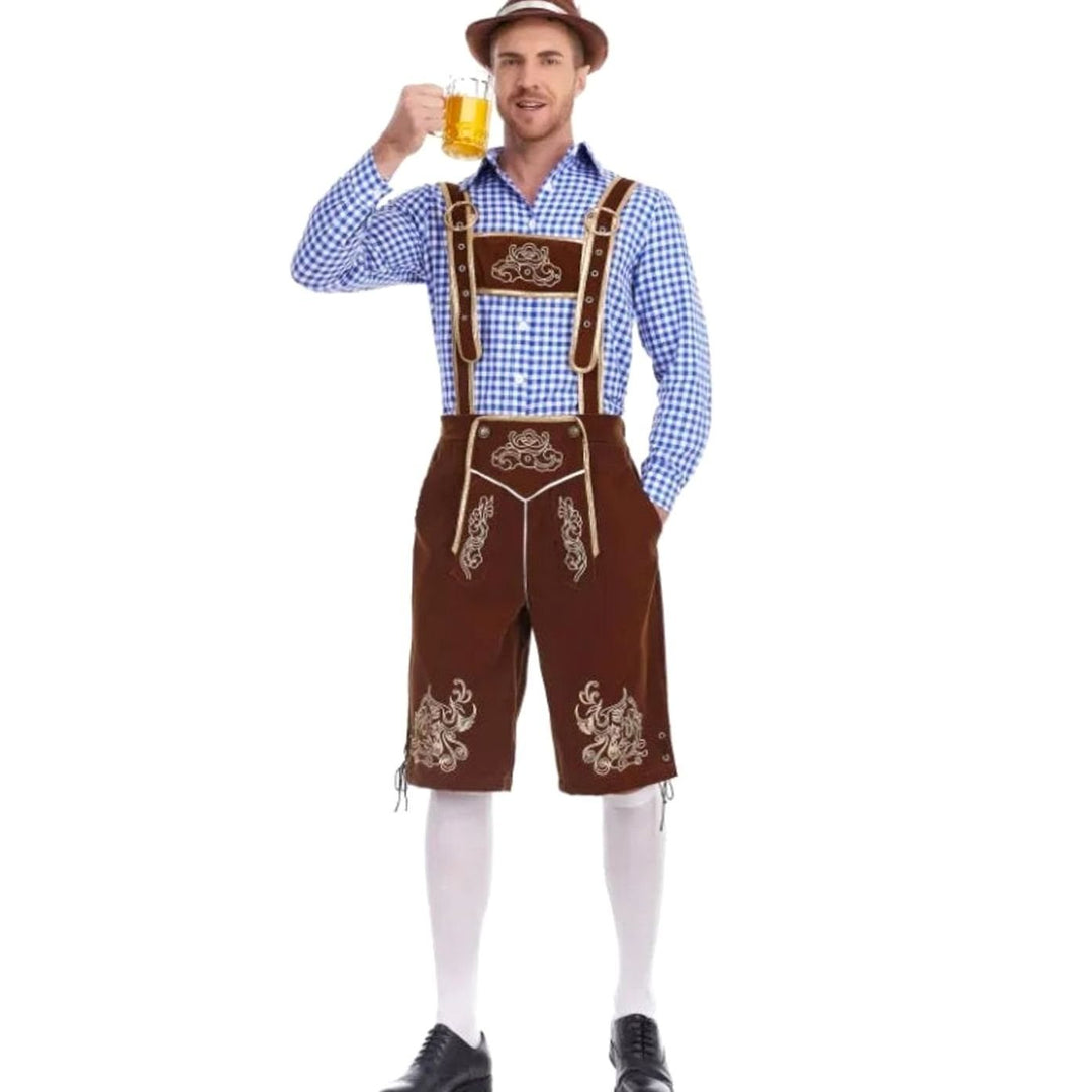 Herren Oktoberfest Trachten-Set Lederhosen-Stil Kniebundhose Karohemd - Braun Kariert (Blau/Weiß Hemd)