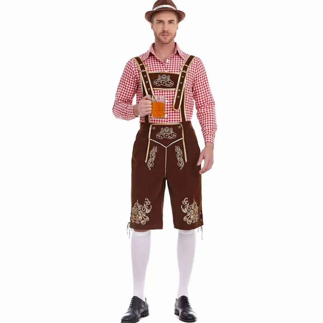 Herren Oktoberfest Trachten-Set Lederhosen-Stil Kniebundhose Karohemd