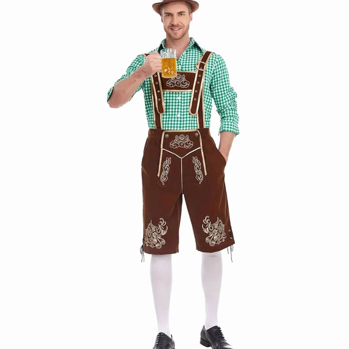 Herren Oktoberfest Trachten-Set Lederhosen-Stil Kniebundhose Karohemd