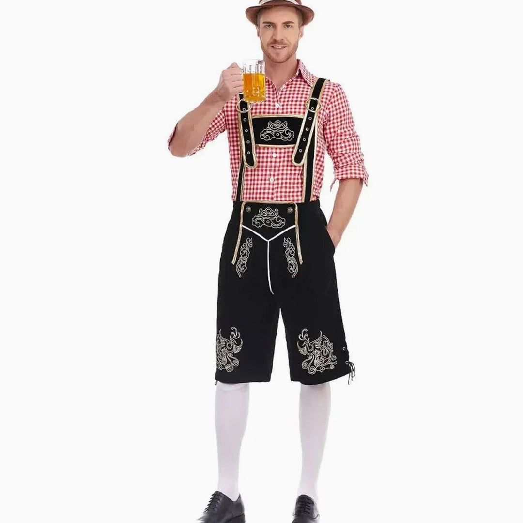 Herren Oktoberfest Trachten-Set Lederhosen-Stil Kniebundhose Karohemd