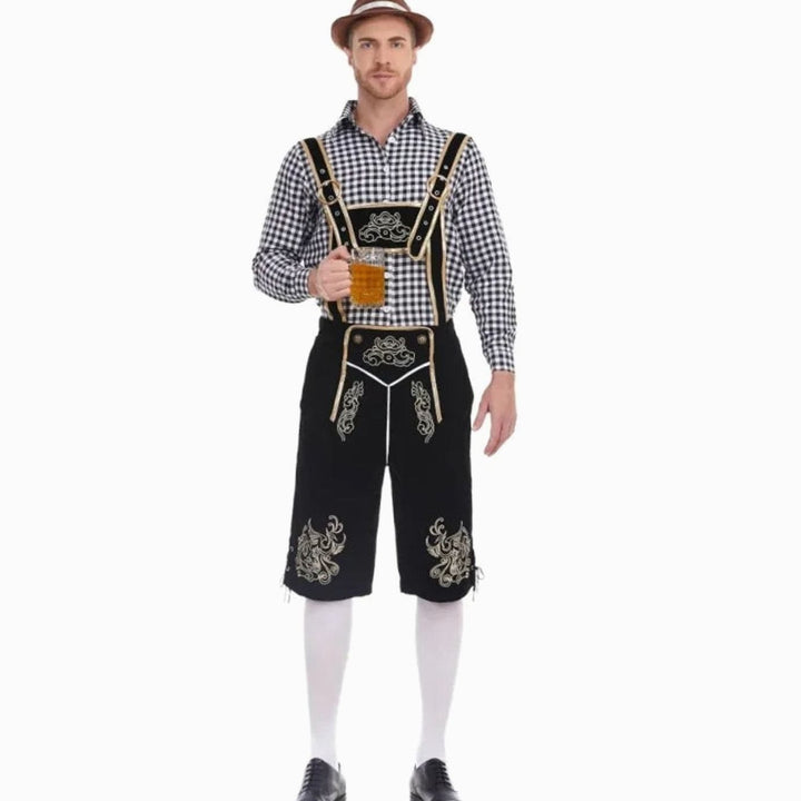 Herren Oktoberfest Trachten-Set Lederhosen-Stil Kniebundhose Karohemd - Schwarz Kariert (Schwarz/Weiß Hemd)