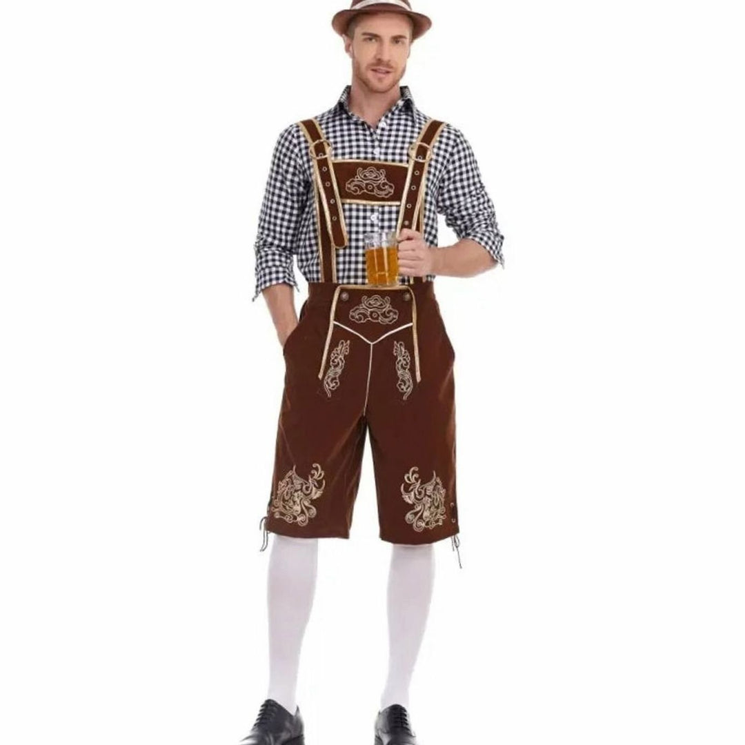 Herren Oktoberfest Trachten-Set Lederhosen-Stil Kniebundhose Karohemd - Braun Kariert (Schwarz/Weiß Hemd)