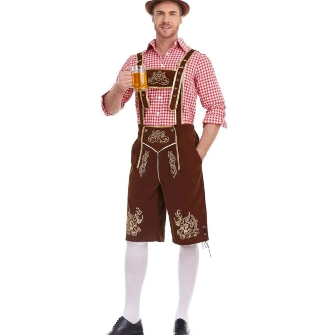 Herren Oktoberfest Trachten-Set Lederhosen-Stil Kniebundhose Karohemd - Braun Kariert (Rot/Weiß Hemd)