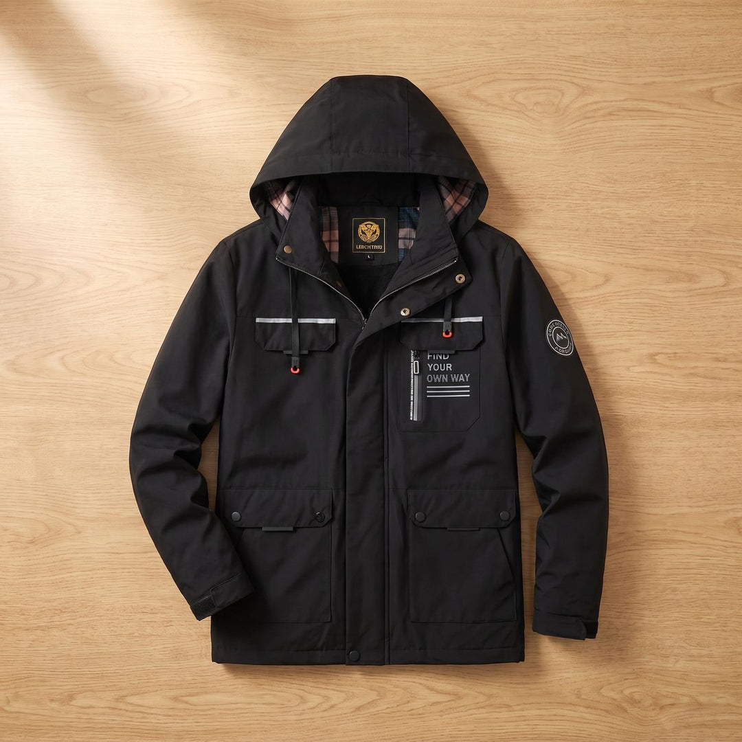 Herren Outdoor Winterjacke Kapuze Winddicht Mehrere Taschen - Schwarz