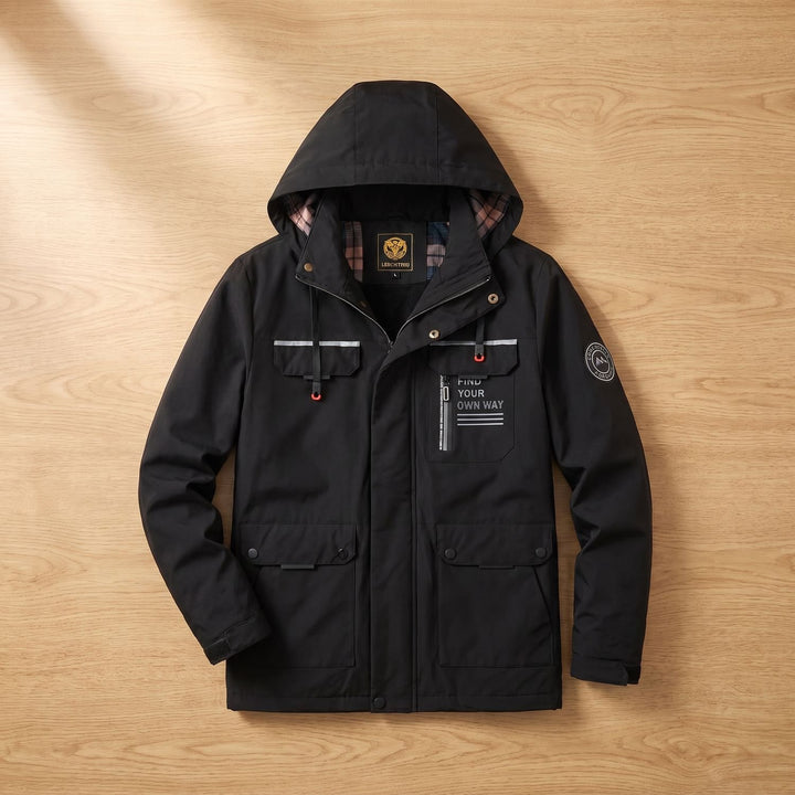 Herren Outdoor Winterjacke Kapuze Winddicht Mehrere Taschen - Schwarz