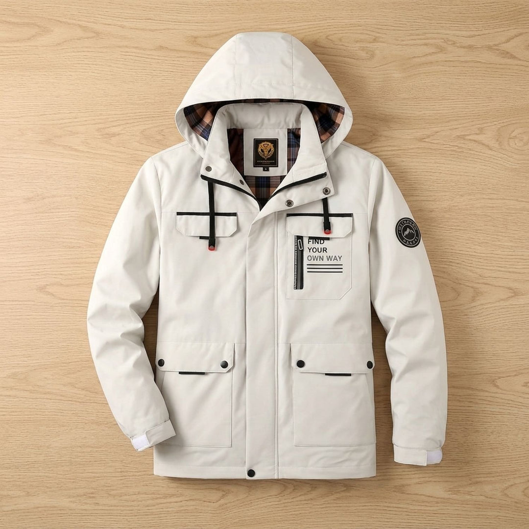 Herren Outdoor Winterjacke Kapuze Winddicht Mehrere Taschen - Weiß