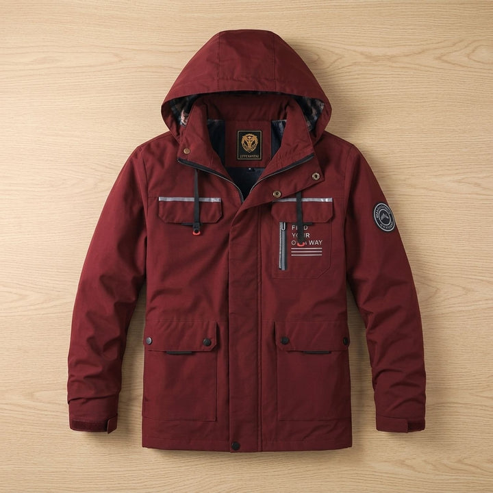 Herren Outdoor Winterjacke Kapuze Winddicht Mehrere Taschen - Bordeaux