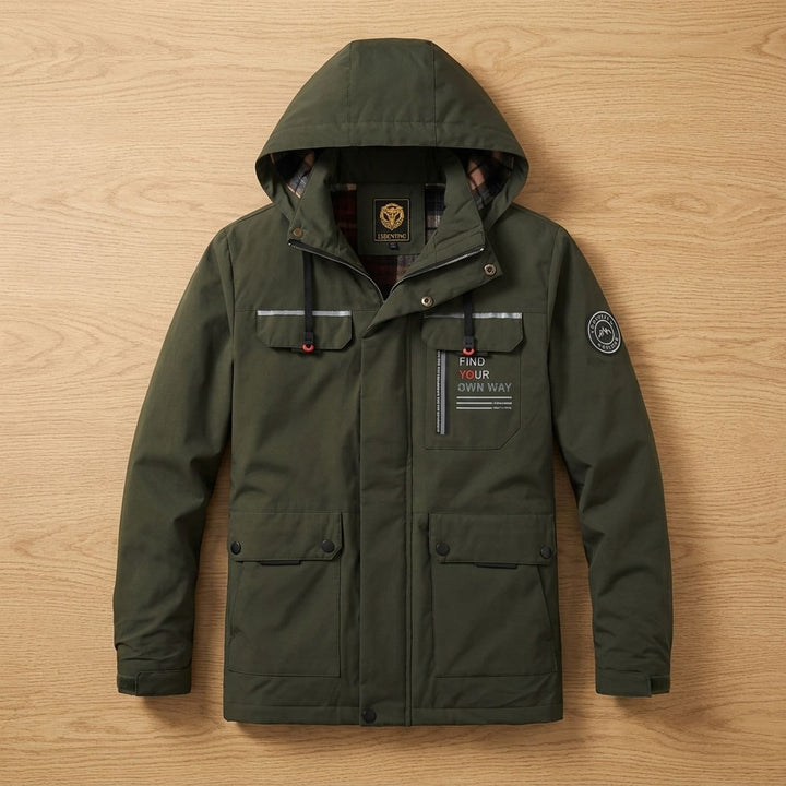 Herren Outdoor Winterjacke Kapuze Winddicht Mehrere Taschen - Dunkelgrün