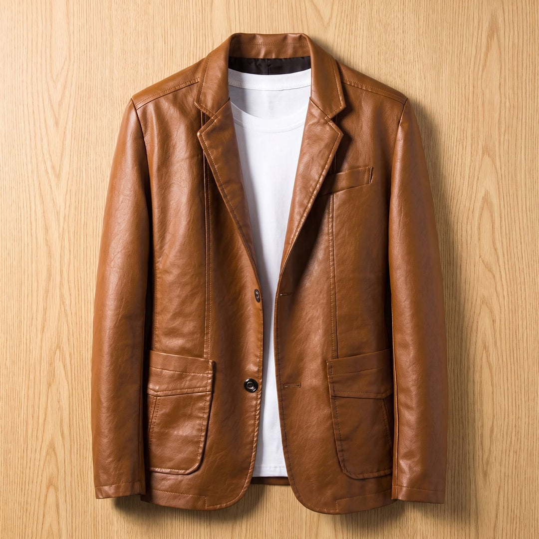 Herren Oversized Kunstleder Blazer-Jacke mit Knopfleiste - Braun