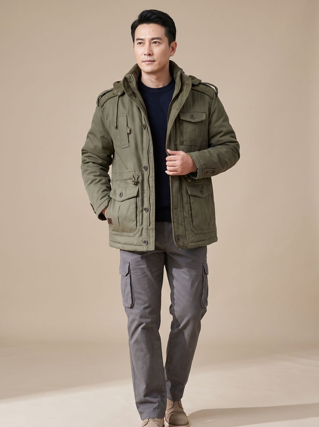 Herren Parka mit abnehmbarer Kapuze gefütterte Outdoor-Jacke mit Taschen