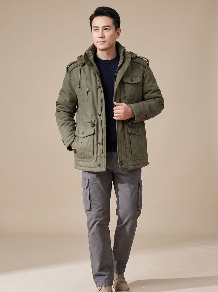 Herren Parka mit abnehmbarer Kapuze gefütterte Outdoor-Jacke mit Taschen