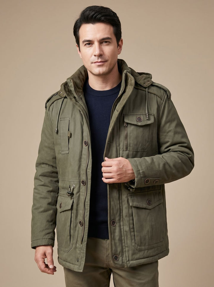 Herren Parka mit abnehmbarer Kapuze gefütterte Outdoor-Jacke mit Taschen, Army Green