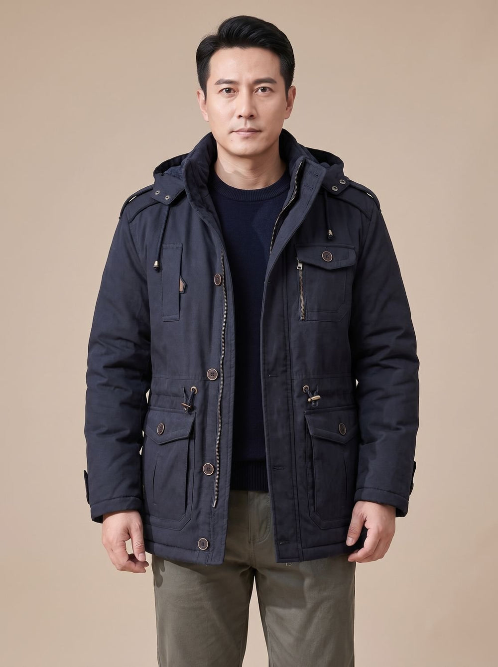 Herren Parka mit abnehmbarer Kapuze gefütterte Outdoor-Jacke mit Taschen