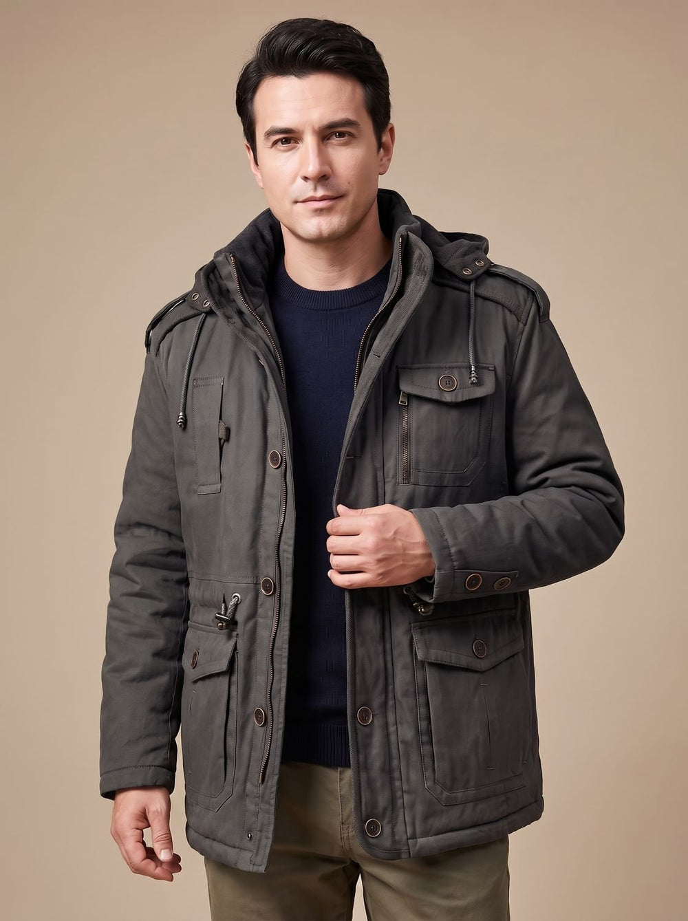 Herren Parka mit abnehmbarer Kapuze gefütterte Outdoor-Jacke mit Taschen, Army Green