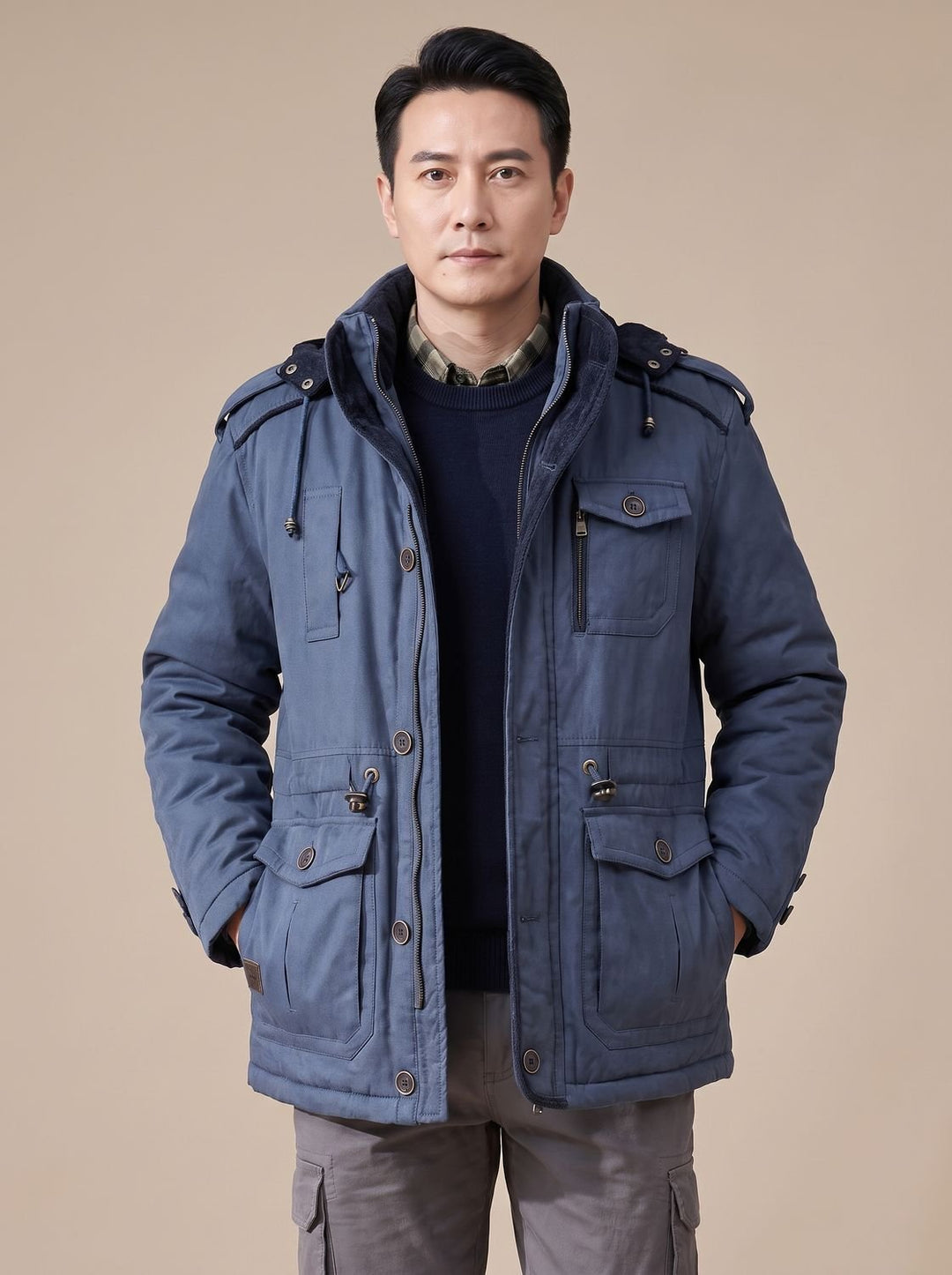 Herren Parka mit abnehmbarer Kapuze gefütterte Outdoor-Jacke mit Taschen