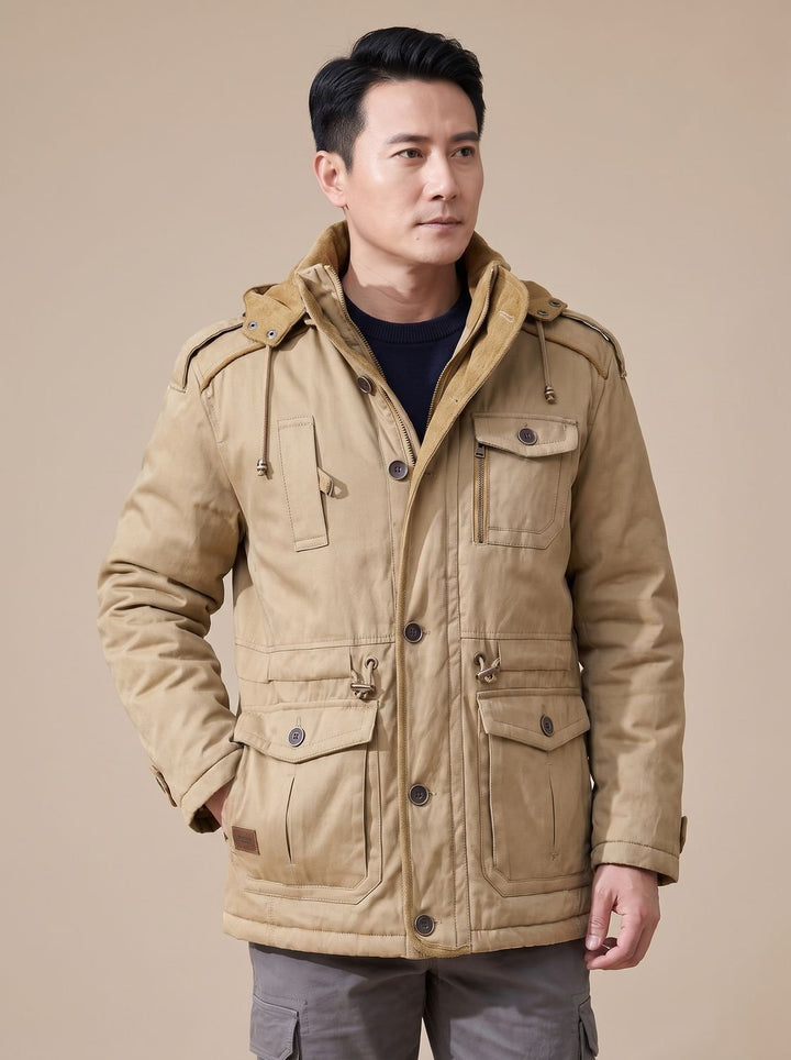 Herren Parka mit abnehmbarer Kapuze gefütterte Outdoor-Jacke mit Taschen