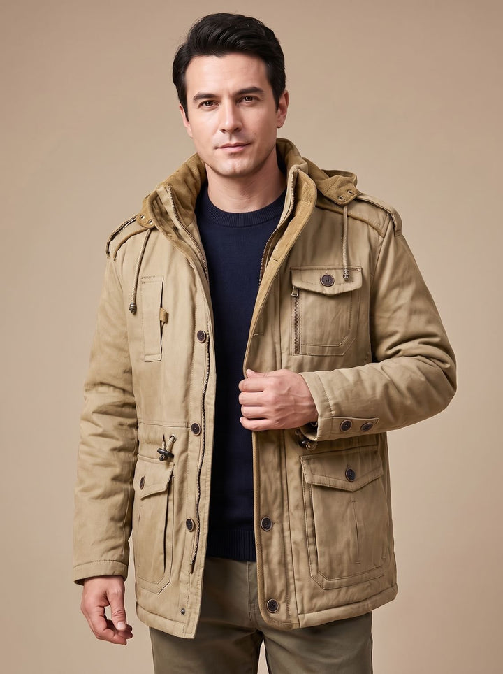 Herren Parka mit abnehmbarer Kapuze gefütterte Outdoor-Jacke mit Taschen, Army Green