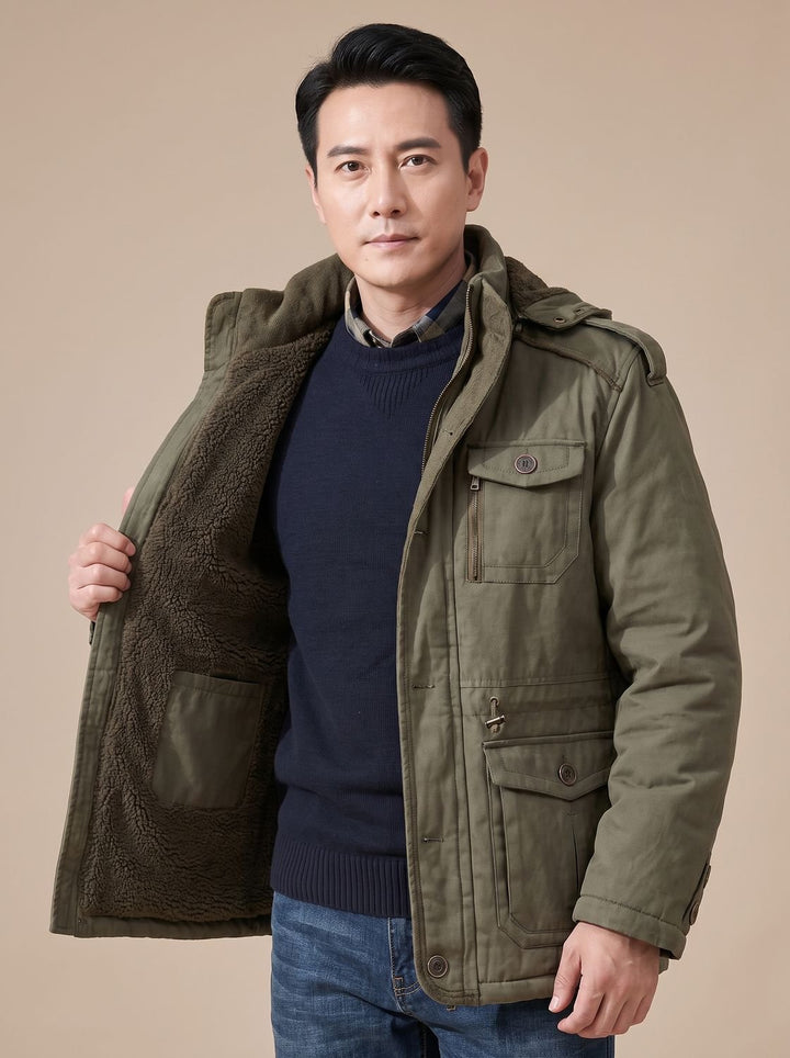 Herren Parka mit abnehmbarer Kapuze gefütterte Outdoor-Jacke mit Taschen
