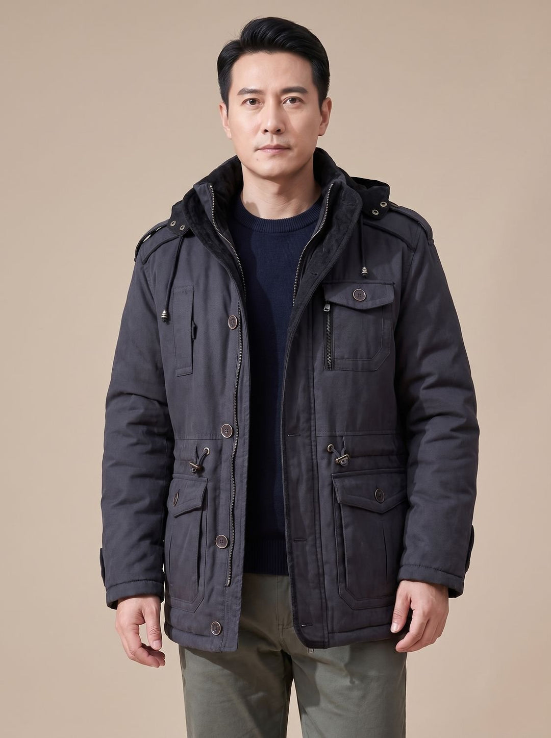 Herren Parka mit abnehmbarer Kapuze gefütterte Outdoor-Jacke mit Taschen - Schwarz