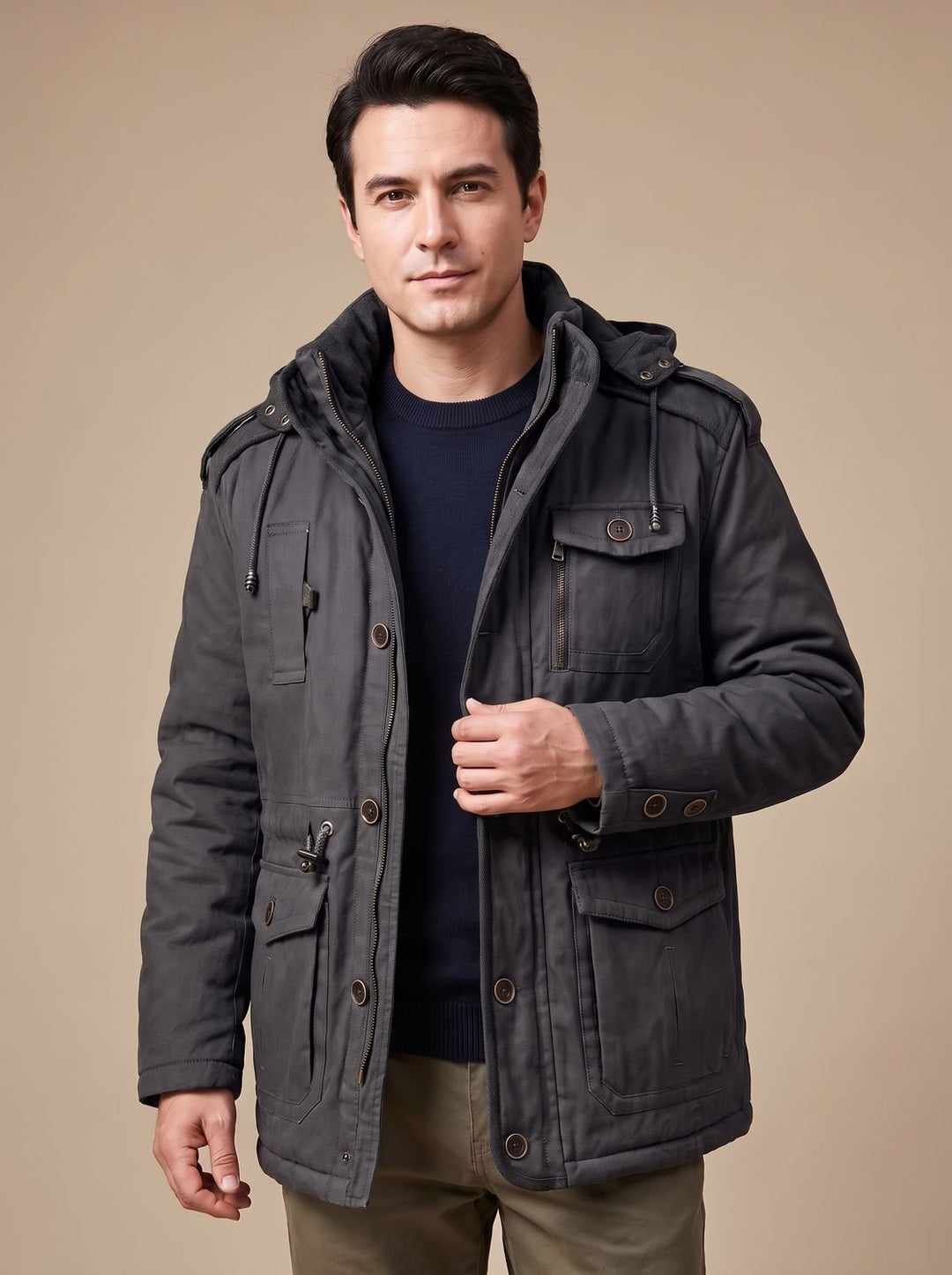 Herren Parka mit abnehmbarer Kapuze gefütterte Outdoor-Jacke mit Taschen, Army Green - Schwarz