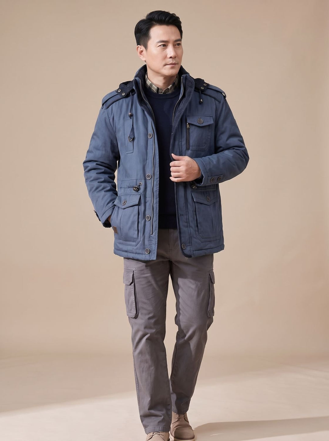 Herren Parka mit abnehmbarer Kapuze gefütterte Outdoor-Jacke mit Taschen - Dunkelblau