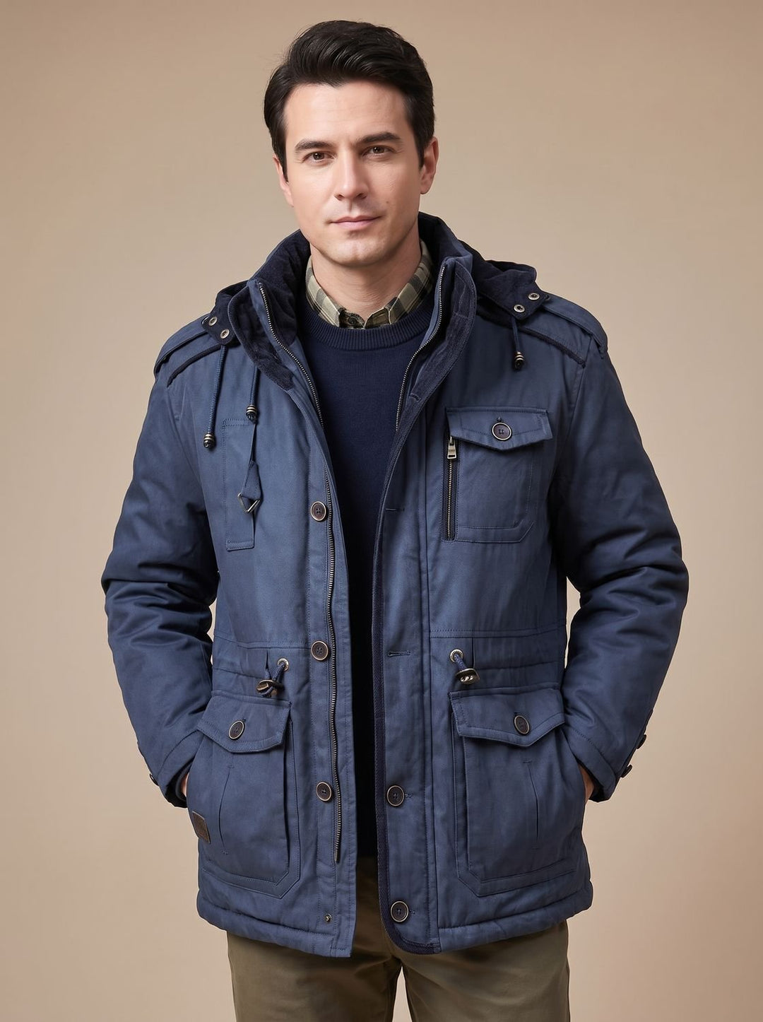 Herren Parka mit abnehmbarer Kapuze gefütterte Outdoor-Jacke mit Taschen, Army Green - Dunkelblau