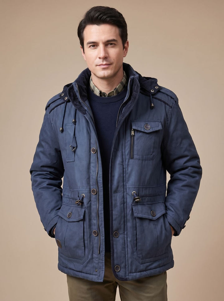 Herren Parka mit abnehmbarer Kapuze gefütterte Outdoor-Jacke mit Taschen, Army Green - Dunkelblau