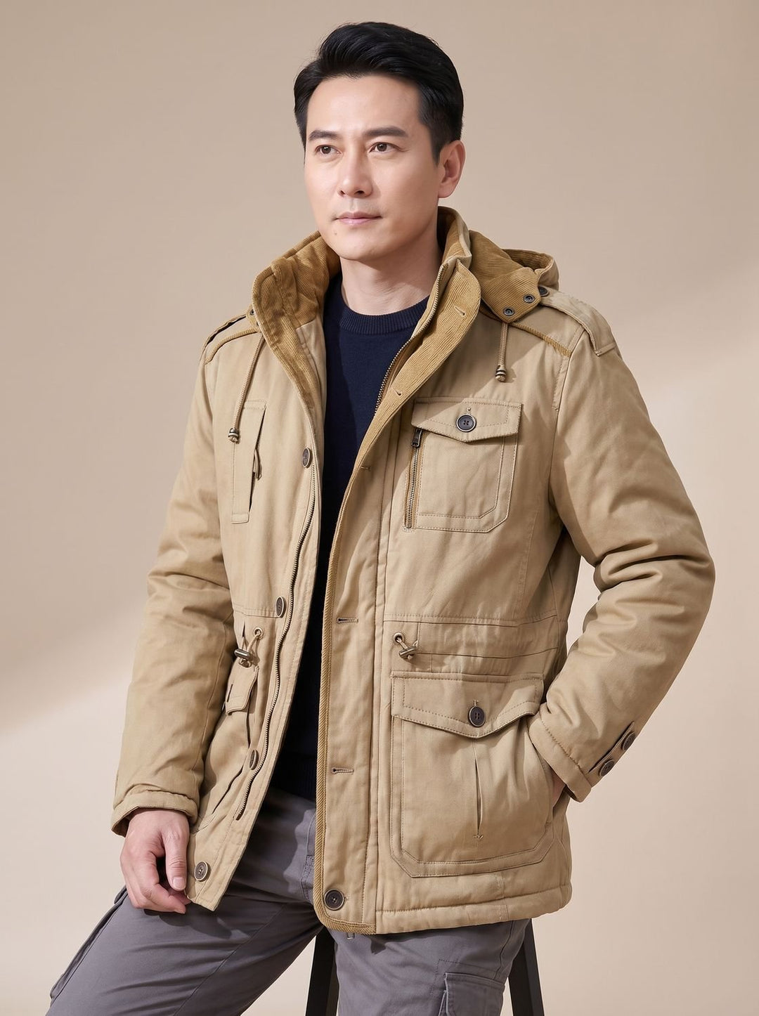 Herren Parka mit abnehmbarer Kapuze gefütterte Outdoor-Jacke mit Taschen - Khaki