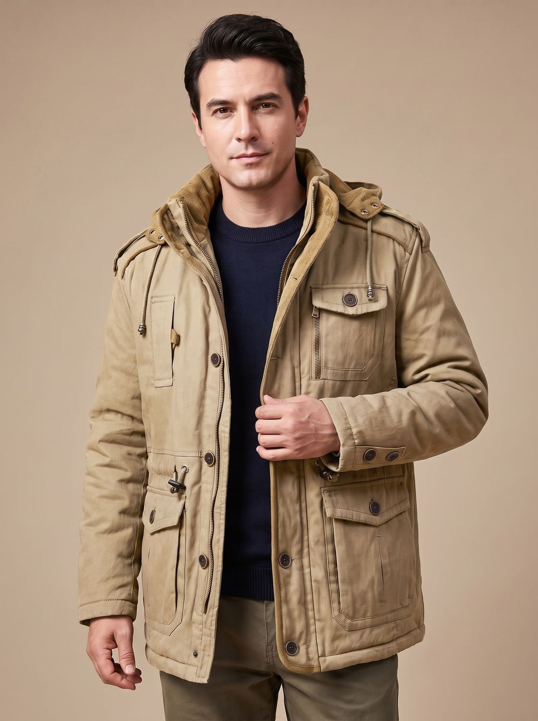 Herren Parka mit abnehmbarer Kapuze gefütterte Outdoor-Jacke mit Taschen, Army Green - Khaki
