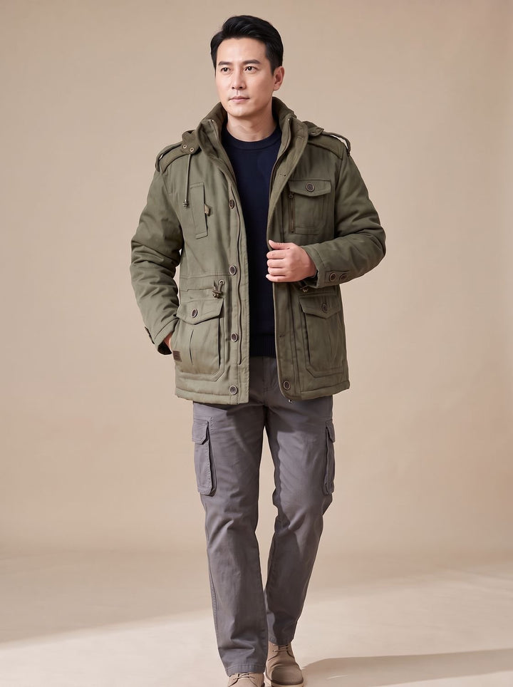 Herren Parka mit abnehmbarer Kapuze gefütterte Outdoor-Jacke mit Taschen - Olivgrün