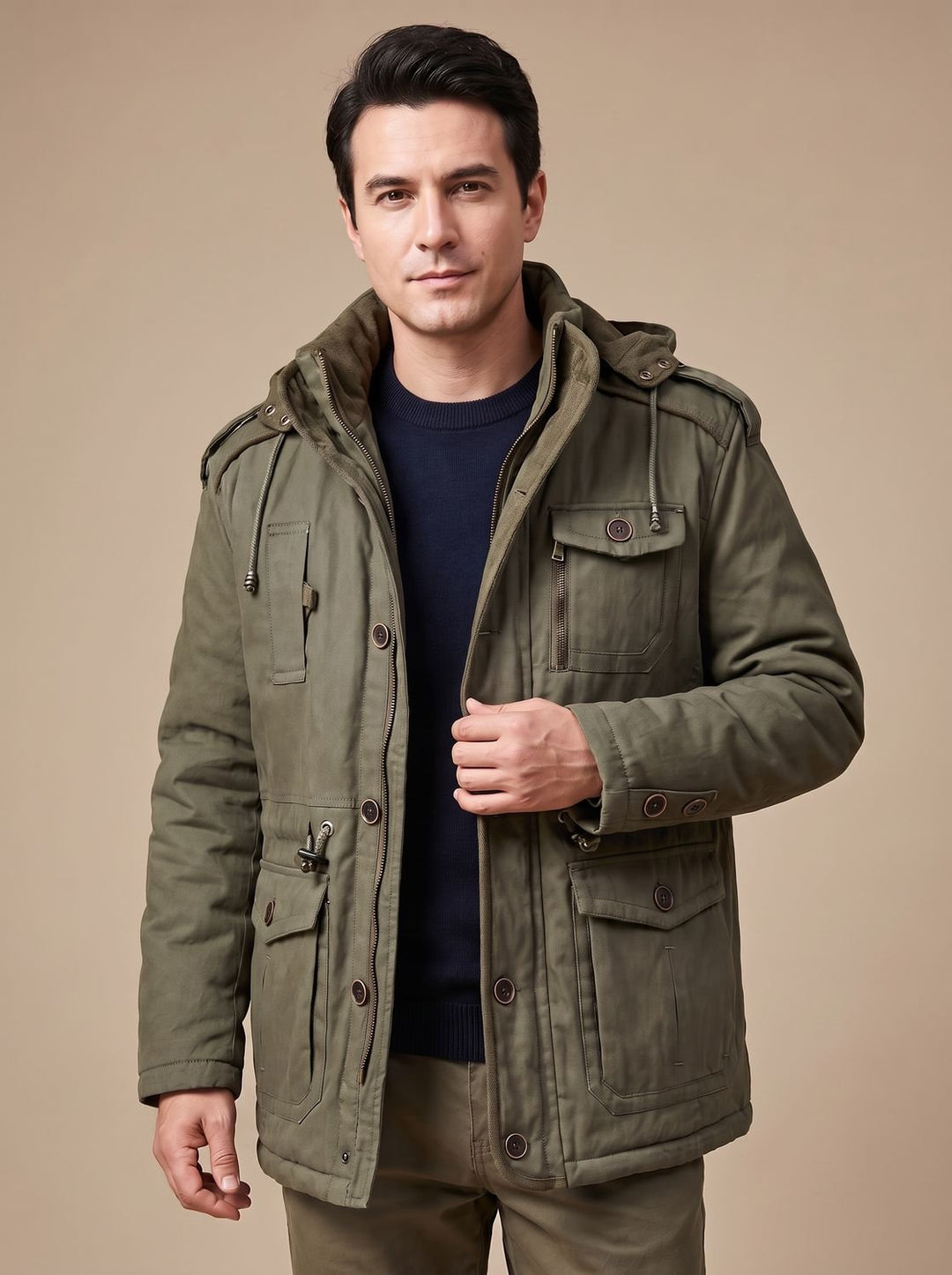 Herren Parka mit abnehmbarer Kapuze gefütterte Outdoor-Jacke mit Taschen, Army Green - Olivgrün