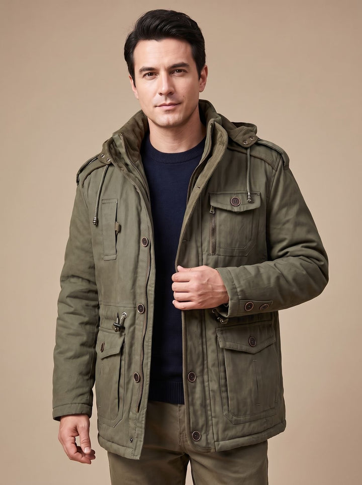 Herren Parka mit abnehmbarer Kapuze gefütterte Outdoor-Jacke mit Taschen, Army Green - Olivgrün