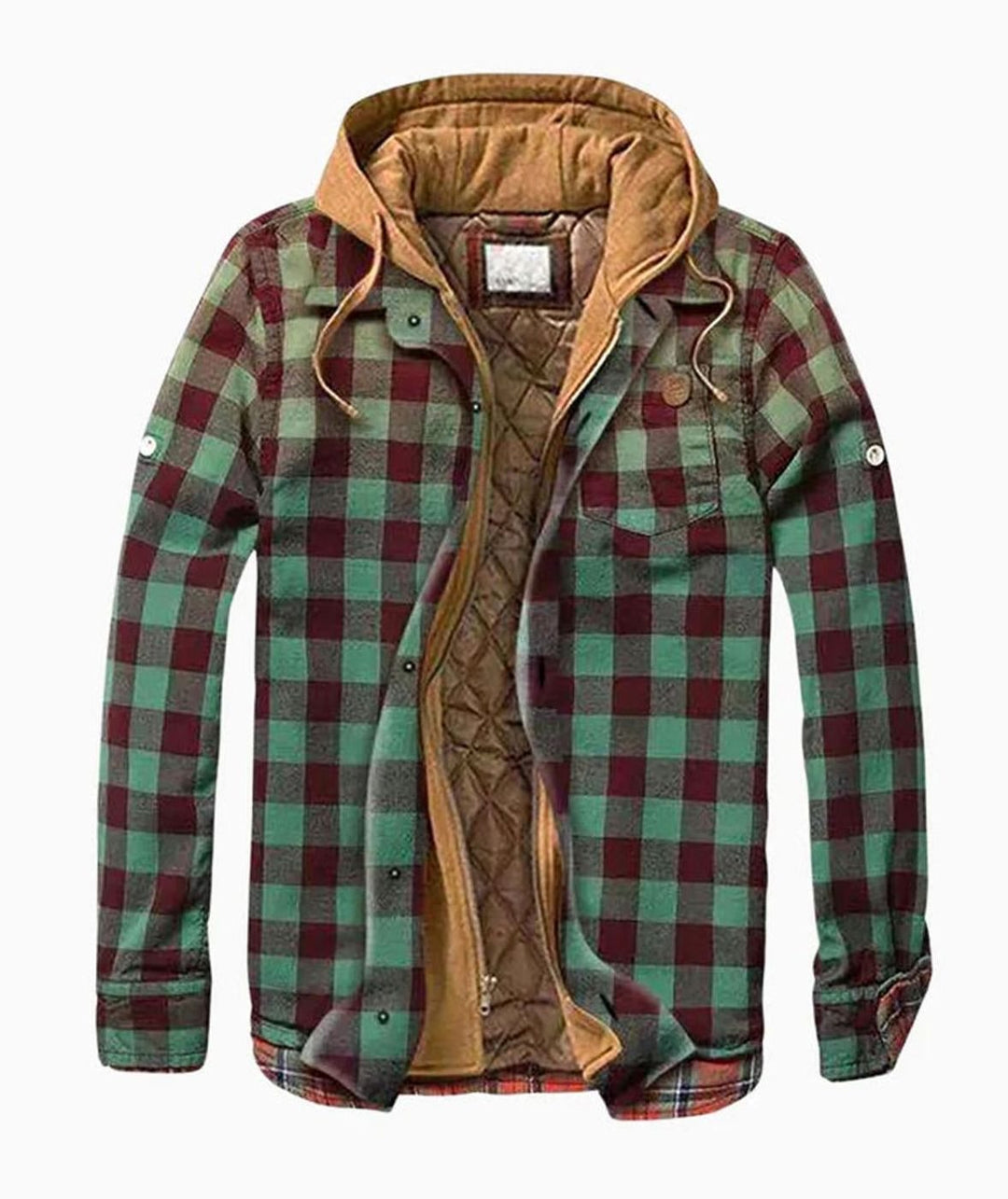 Herren Patchwork Flanelljacke Winter Gefüttert Kapuze Reißverschluss - Grün