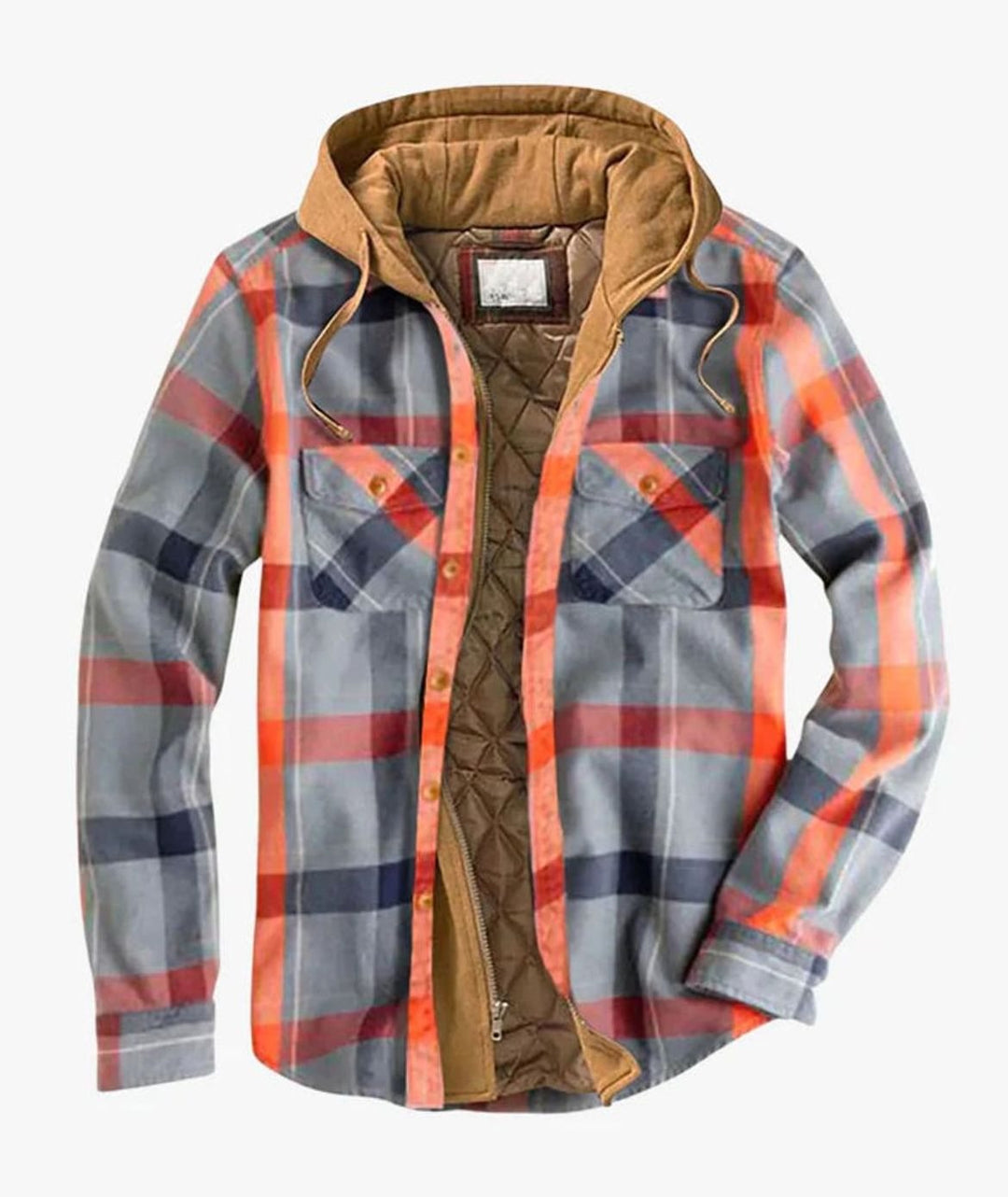 Herren Patchwork Flanelljacke Winter Gefüttert Kapuze Reißverschluss - Grau