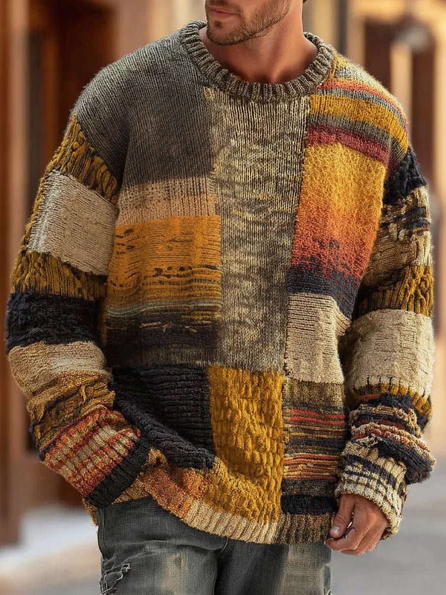 Herren Patchwork Knit Sweater Langarm Rundhals Grobstrick - Abstrakt