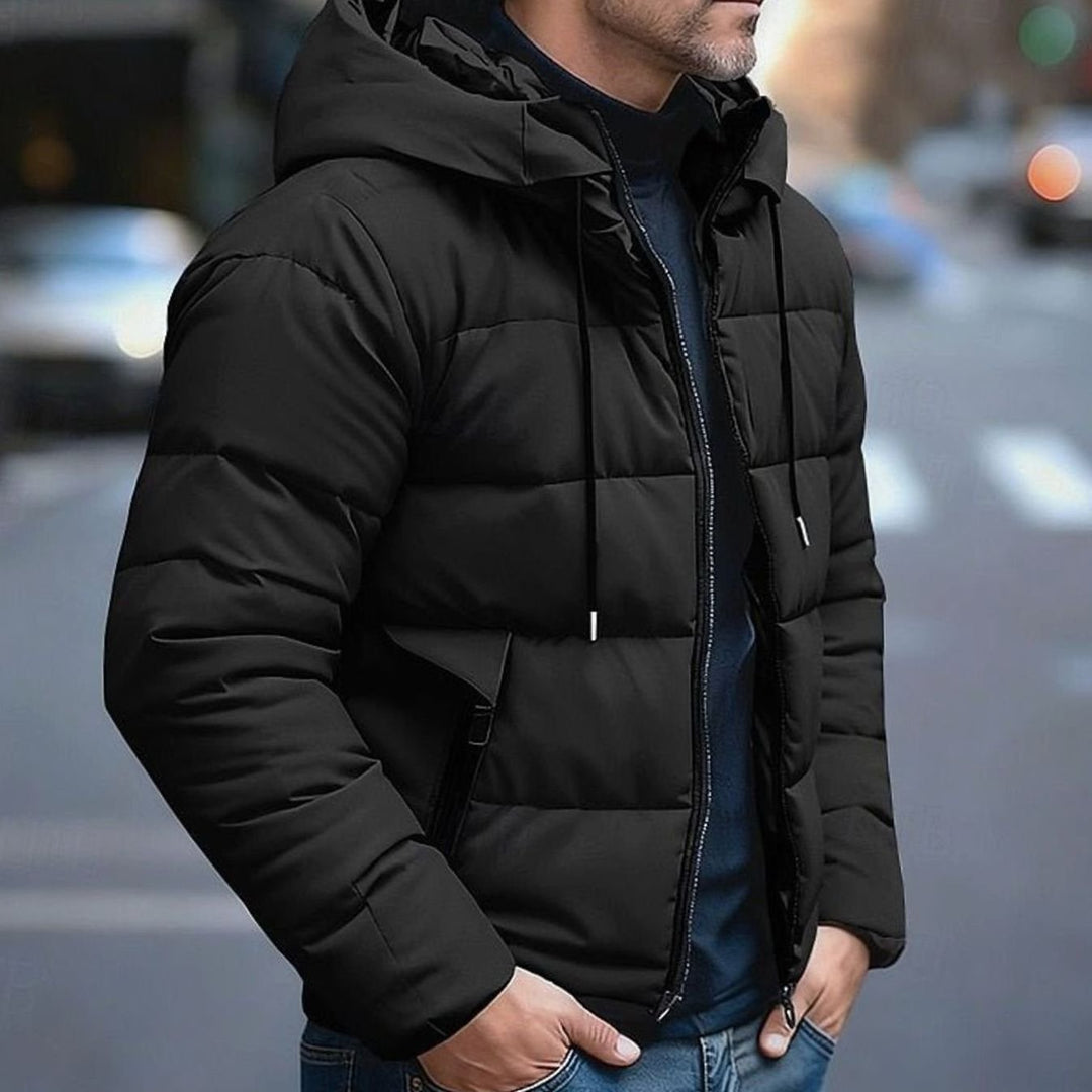 Herren Pufferjacke mit Kapuze Gesteppt Warm Reißverschluss - Schwarz