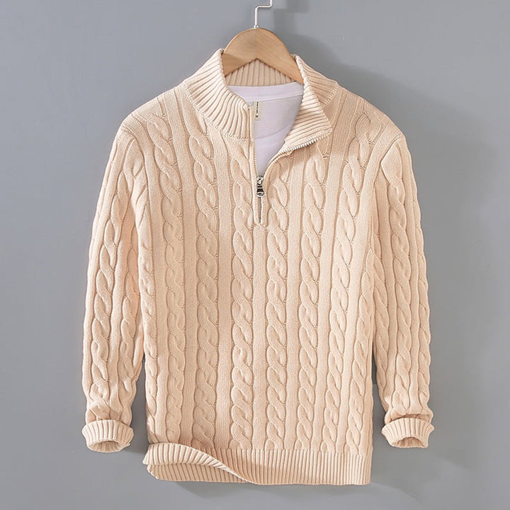 Herren Pullover Strick Halbzip Zopfmuster Baumwollmischung - Beige
