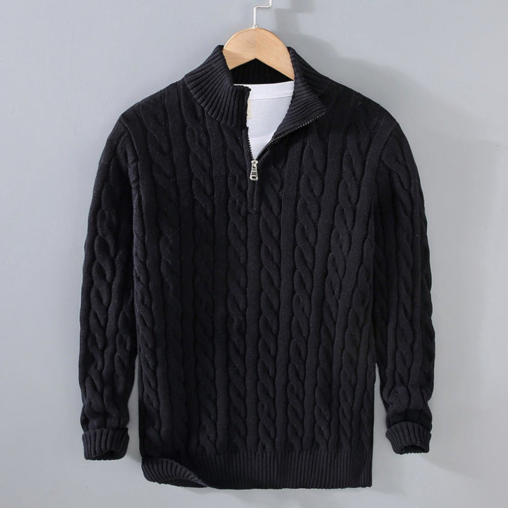 Herren Pullover Strick Halbzip Zopfmuster Baumwollmischung - Schwarz