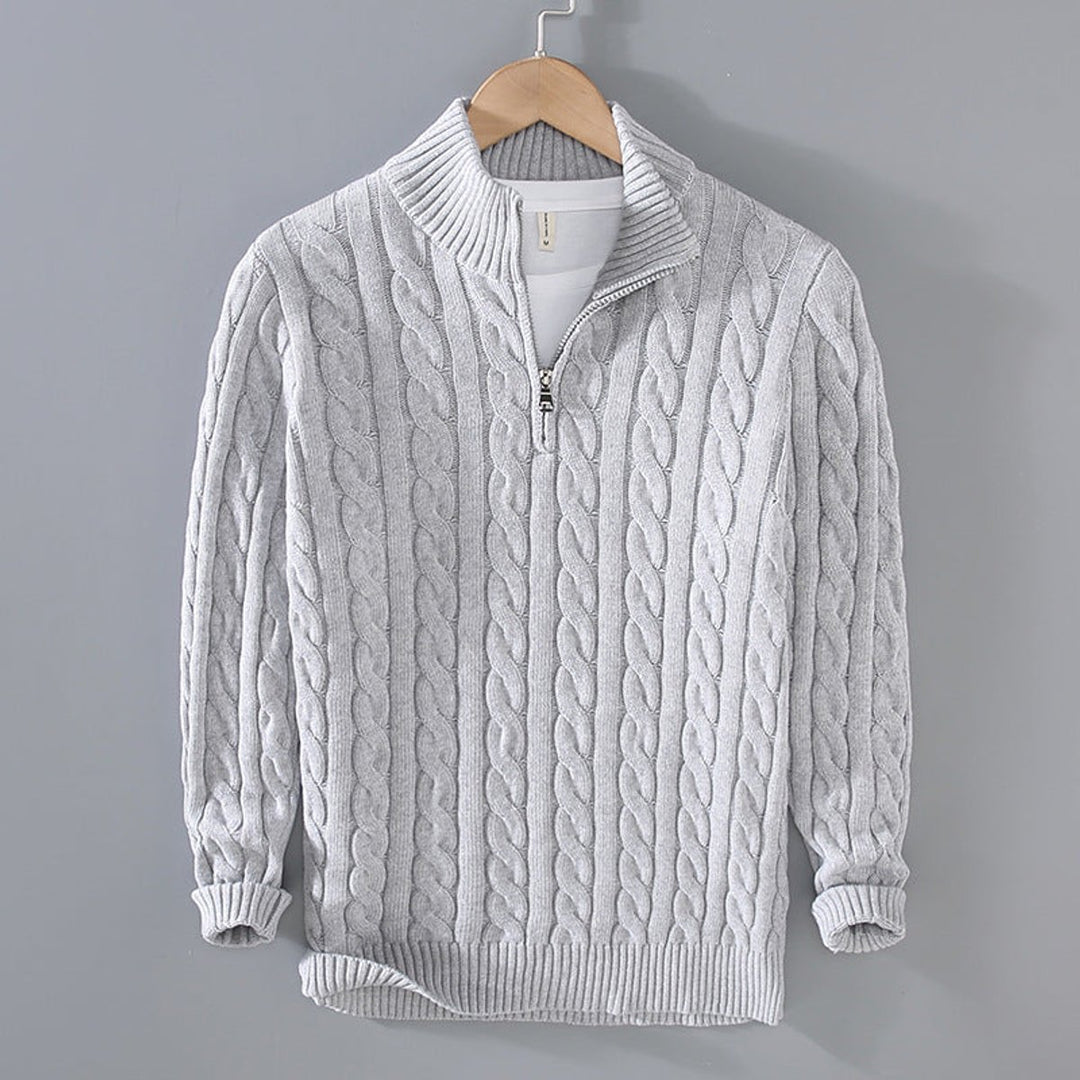 Herren Pullover Strick Halbzip Zopfmuster Baumwollmischung - Grau