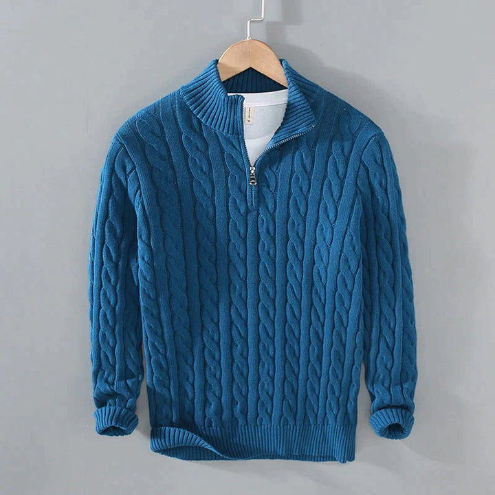 Herren Pullover Strick Halbzip Zopfmuster Baumwollmischung - Blau