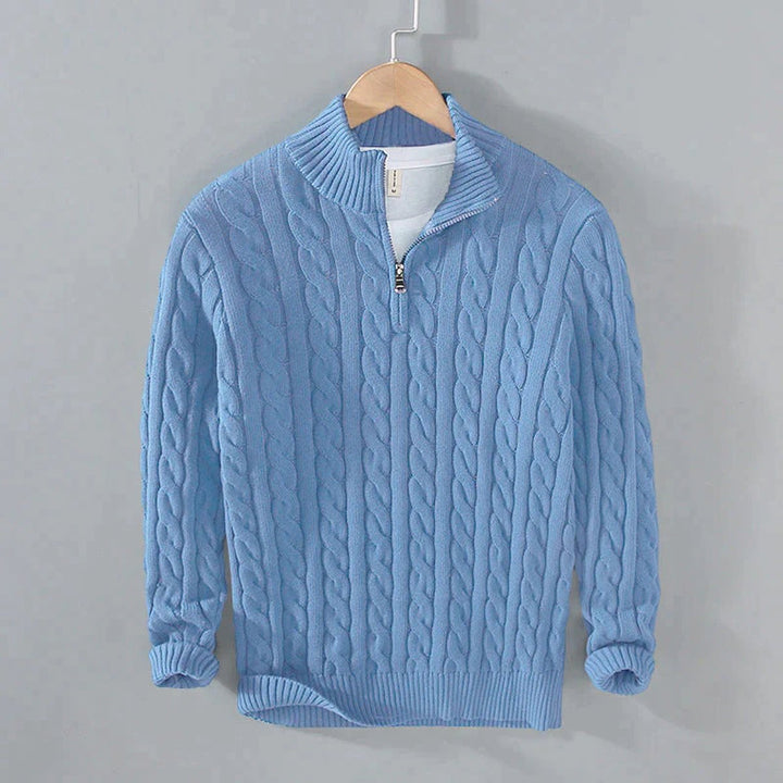 Herren Pullover Strick Halbzip Zopfmuster Baumwollmischung - Hellblau