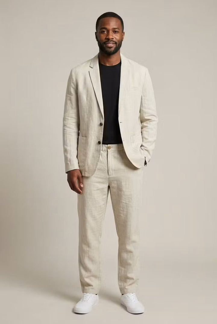 Herren Relaxed-Fit Leinen Anzug-Set Blazer und Hose - Aprikose