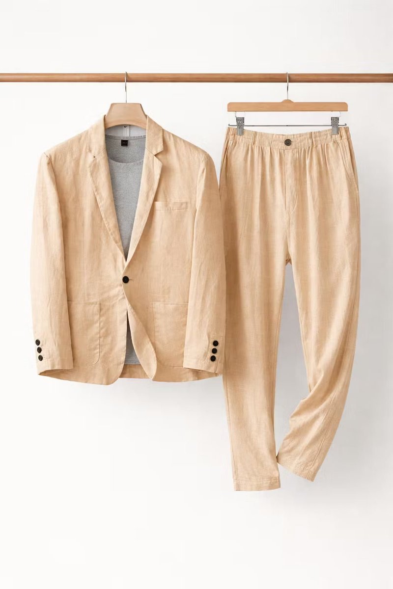 Herren Relaxed-Fit Leinen Anzug-Set Blazer und Hose - Khaki