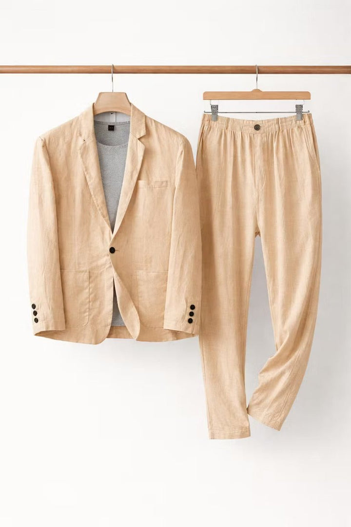Herren Relaxed-Fit Leinen Anzug-Set Blazer und Hose - Khaki