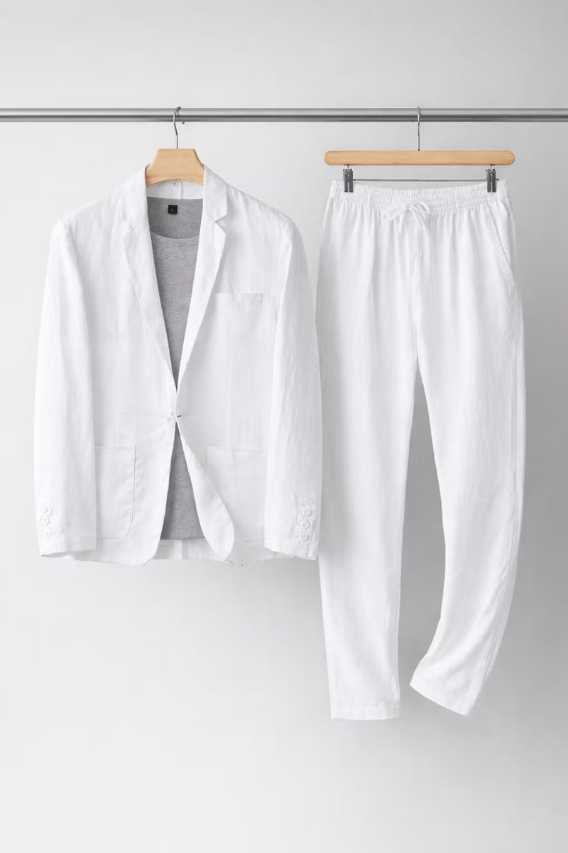 Herren Relaxed-Fit Leinen Anzug-Set Blazer und Hose - Weiß