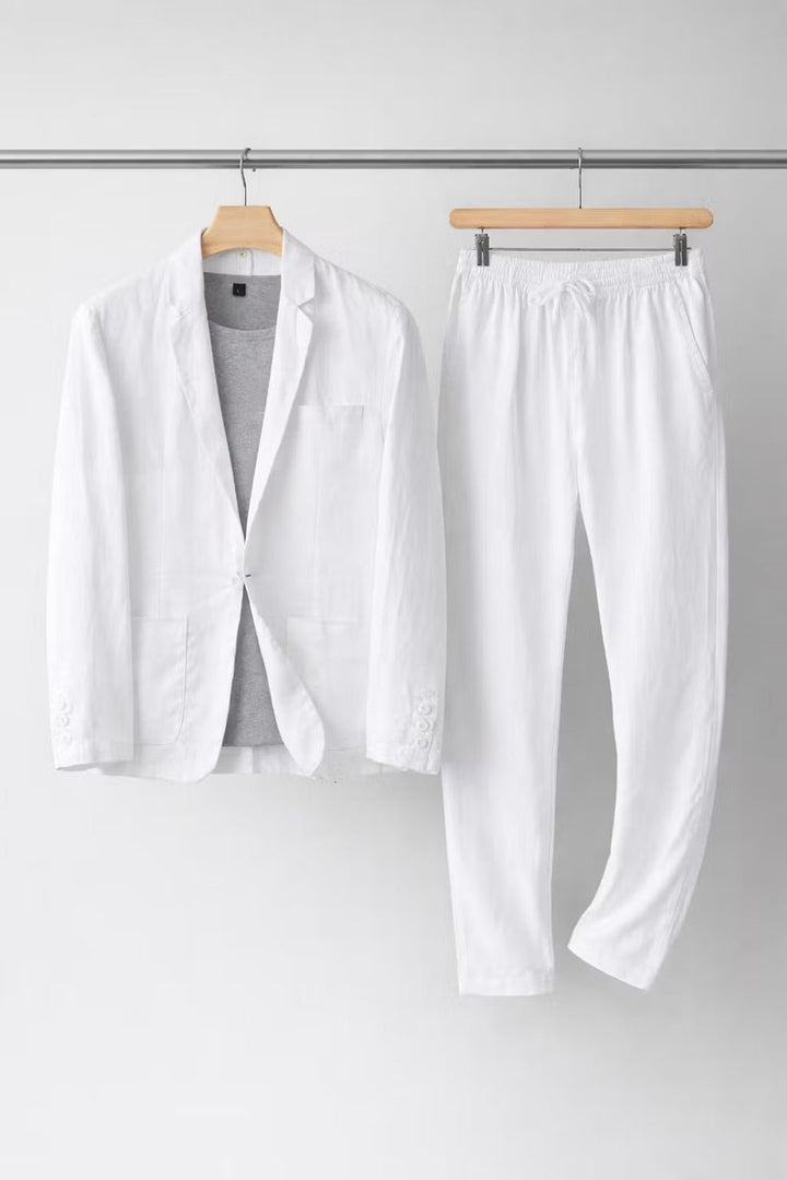 Herren Relaxed-Fit Leinen Anzug-Set Blazer und Hose - Weiß
